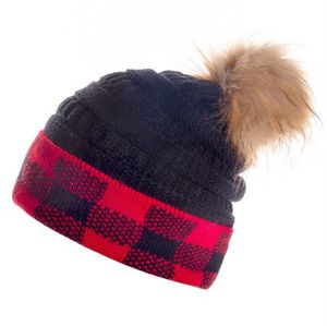 Kappe Plaid Print Gestrickte Mützen Winter Beanie Hut Damen Warm Stricken Kunstpelz PomPom Hut Outdoor Ski Caps Party Mode hüte Liefert ZZC4814