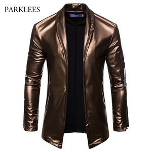 PU terno de couro blazer homens luxo ouro cor sólida blazers jaqueta masculina casual fit cardigan discotackclub dj stage trajes 201104