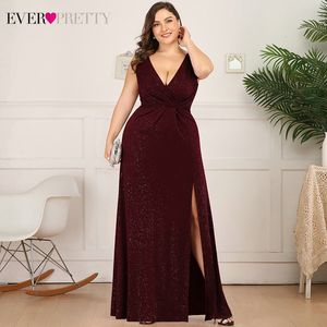 Plus Size Glitter Prom Dresses Ever Pretty EP07505 Double V-Neck Side Split Ruched Sleeveless Sexy Party Gowns Bestidos De Gala 201114