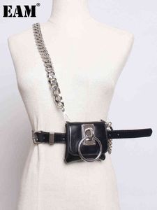 [EAM] Pu Leather Black Mini-bag Chain Long Wide Belt Personality Women New Fashion Tide All-match Spring Autumn 2022 1DE6247 AA220312