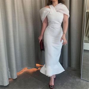 Elegant White Mermaid Evening Dresses Straps Sleeves Sheath Bodycon Lady Formal Party Dress Off The Shoulder Ankle Length Prom Gowns Women Special Occasion Wear
