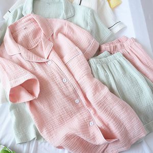 여름 코튼 크레페 반소매 반바지 잠옷 여성 단단한 얇은 섹시한 잠옷 Loungewear 잠옷 핑크 홈 커플 Pijamas Y200708