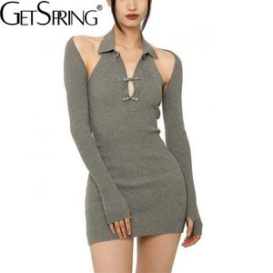 Getpring Women Sets Sukienka Zestaw Długiego Rękaw Knitting Krótki płaszcz z Slim Halter Mini Dwa kawałek jesień 220302