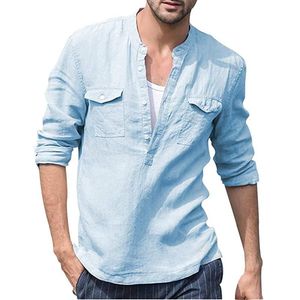 Camicie Casual da uomo 2021 Autunno Baggy Cotone Lino Solido Multi-tasca Manica lunga Collo alla coreana Camicia hawaiana Camisa Masculina