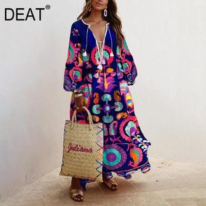 Casual Dresses Dress Women Floral Print Tassel Stor Storlek Puff Sleeve Deep V Collar Style Lång längd 2022 Sommar Fashion HC2591