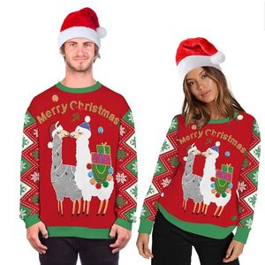 Unisex söt djur 3d tryck ful jul tröja par outfit rund hals pullover tröja män kvinnor vinter plus storlek kläder
