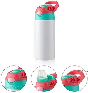 5 Kolor Sublimacja Kubki Blanks Kids Tumbler Butelka Butelka Sippy Cups 12OZ Biała Butelka Wody ze słomy i przenośnym pokryciem Seays RRF13584