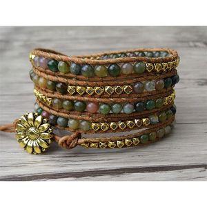 Boho Beads Bracelet Indian Stone Beads Bracelet Natural Stone Yoga Bracelet 5 Wraps Leather Jewelry Y200730