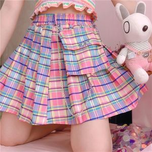 Verão xadrez y2k kawaii rosa mulher mini saias estéticas uma linha plissada harajuku gótico arco-íris sexy clube feminino 220221