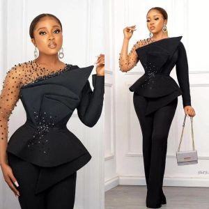 2022 Plus Size Arabic Black Stylish Prom Dresses Sheer Neck Poed Jumpsuits Evening Formal Party Second Reception GOWNS CG001232Q