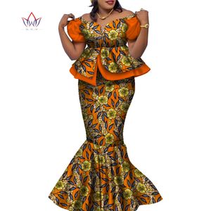 Bintarealwax Africa Style Two Piece Kjol Set Dashiki Elegant Kläder Ruffles Crop Top och kjol Kvinnor Ställer för Bröllop WY9085