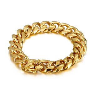 15mm 8.66'' Golden stainless steel curb Link Chain bracelet hip-hip mens boys bangle jewelry KB136586-Z