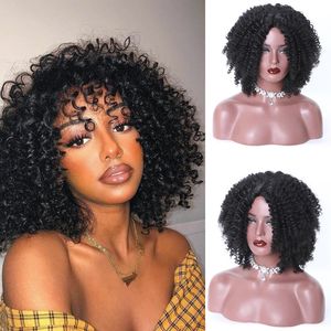 Afro kinky lockigt syntetisk svart peruk simulering mänskligt hår perruques de cheveux humeins kort bobo pelucas burgundy peruker js547