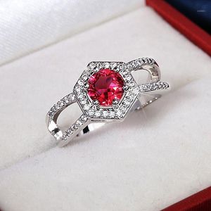 クラスターリングシンプルなファッション赤い楕円形の女性ジュエリージルコン婚約指輪レディーススターリングシルバー925結婚式