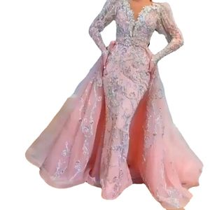 Aftonklänningar Lindo Laço Rosa Vestidos de Festa à noite Senhora Sexy V Pescoço Noivado Robe Elegante Log Mangas Compridas Sereia Casamento Vestido pariva