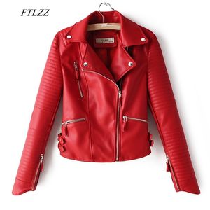 Ftlzz höst kvinnor faux mjukt läderjacka pu motorcykel dragkedja rivet coat turndown krage svart röd rosa biker läder outwear lj201012