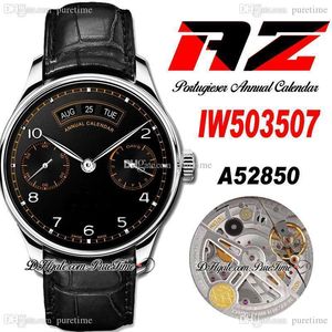 AZF IW50350 PISA Årlig kalender A52850 Automatic Mens Watch Power Reserve Steel Case Black Orange Dial Silver Markers Black Leather Strap Super Edition Puretime E5