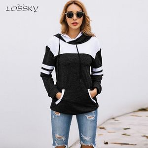 Lossky Hoodies 스웨트 여성 가을 ​​긴 소매 풀오버 스웨터 탑 여성 의류 패치 워크 스포츠웨어 LJ201103