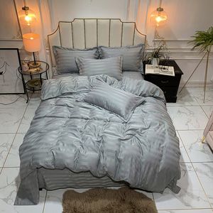 Wholesale white queen bed set for sale - Group buy Luxury Satin Silk Duvet Cover Set x240 King Size Bedding Sets Stripe Quilt Covers Single Double Queen White Grey Bed Sheet LJ201128