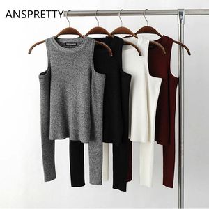 Women's T-Shirt Wholesale-Anspretty Apparel Fashion 2021 Knitted Off Shoulder Crop Tops For Women Tight Slim Short T Shirt Long Sleeve Sexy