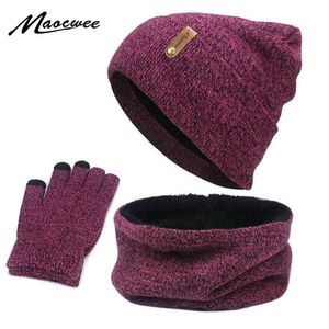 New Knitted Scarf Gloves Hat Set Female Circle Neck Screen Touch Finger Warm Beanie Scarves Glove Cotton Three-piece Warm Set Y201024