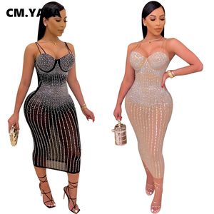 Cm.yaya Mesh Sehen Obwohl s Tiefer V-ausschnitt Midi, Figurbetontes Kleid für Frauen Sexy Club Party Kleider Bleistift Vestidos 220308