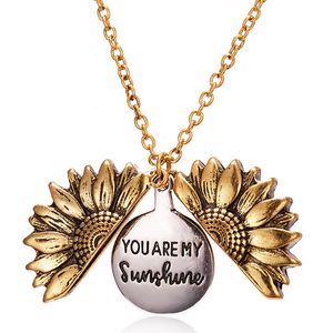 Retro Gold Silver Plated You Are My Sunshine Sunflower Pendent Necklace Openable Helianthus Flower Necklaces for Women Valentine's Day Nice Jewelry Gift