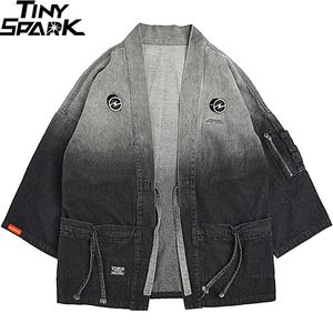 Erkek ceketleri Japon kimono ceket gradyanı renk hip hop erkek denim sokak kıyafetleri harajuku japonya tarzı hırka jean vintage 201111