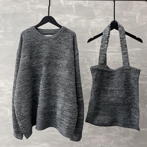 Übergroßer grauer Herrenpullover, Taschenset, Minimalismus-Stil, Unisex-Pullover, modische Street-Kintted-Pullover 15560