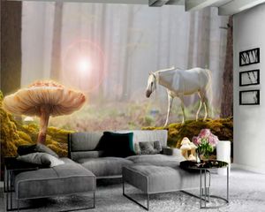 Wallpaper 3D Fantasy Forest White Horse Mushroom Landscape Fabric Print European and American Customized Living Room Bedroom Background Decoration Sticker