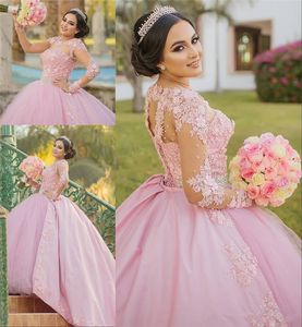 2021 Rosa Quinceanera Klänningar Långärmade Crew Neck 3D Blommig Applique Satin Tulle Illusion Custom Made Sweet 16 Graduation Prom Ball Gown