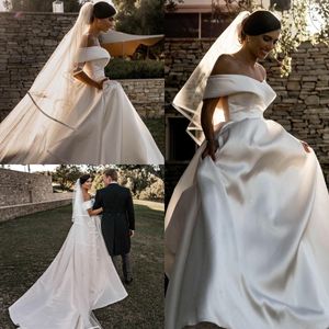 Off Shoulder Satin A Line Bröllopsklänningar Plus Storlek Land Brudklänningar 2020 Elegant Vestido de Novia