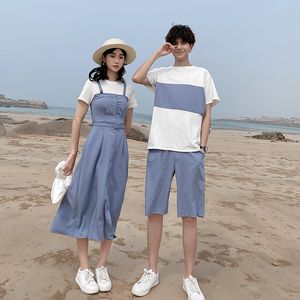 Koreanska par kläder tshirts college mode stil par älskare kvinnor sommar strand klänning plaid matchande kläder outfit bär 36 lj201112