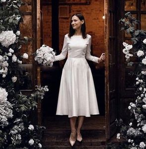 2022 Long Sleeves A-Line Satin Wedding Dress Vintage Spring Bridal Gowns Tea Length Tailor Made Bride's Dresses Vestidos De Noiva