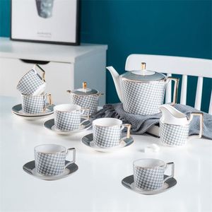 Mugs North European Ceramic Coffee Set High Quality Bone China Pot Cup Bird Gold Grid High-grade British Teapot