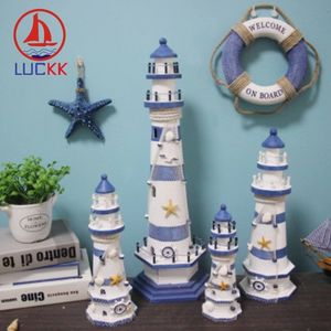 LUCKK Streifen-Leuchtturm im mediterranen Stil, Holzmodell, Kunsthandwerk, Heimdekoration, kreative Meereskunst und Kunsthandwerk, Ornamente T200710