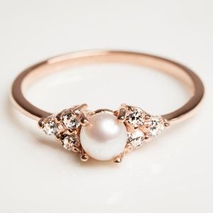 Fedi nuziali Oro rosa 14kc o anello di fidanzamento piatto placcato Perla - Cristallo CZ Dainty Stacking Band Jewelry1