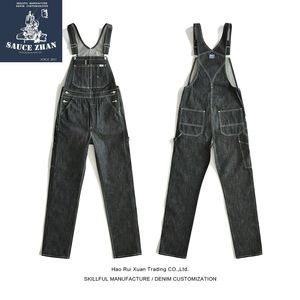 Saucezhan BD01 Bib Vintage Torn Torn Selvedge Grow Denim Tuta da uomo per uomo Blue Jeans 201111