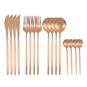 16 adet Altın Mat Yemek Seti 304 Paslanmaz Çelik Çatal Seti Yemeği Bıçak Çatal Kaşık Mutfak Silverware Set Sofra Kaynağı 220106