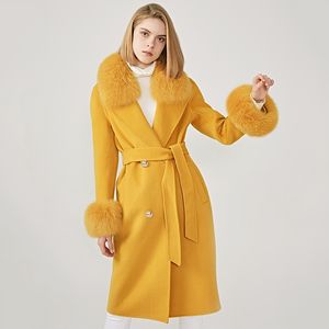 Kadın Yün Ceket Bahar Gerçek Fox Kürk Yaka Yün Ceket Ayarlanabilir Bel Ince Bayanlar Uzun Palto 201102