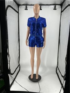 New Wholesale Summer Tracksuits Women Sequins Outfits Short Sleeve Zipper Jacket Shorts Two Piece Set Fashion Matching Set Sexy Night Club Wear Bulk 7062