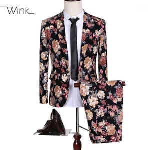 Męskie Garnitury Blazers Hurtownie- (Kurtka + Spodnie) Luksusowy Blazer Mężczyźni Kwiaty Slim Fit Plus Rozmiar 5xl Single Button Costume Homme Sukienka ślubna Pa