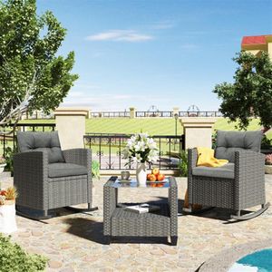 US STOCK U_STYLE 3 Piece Rocking Patio Furniture Set Wicker Rattan Outdoor Set with Cushions and Glass-Top Coffee Table for Garden a29