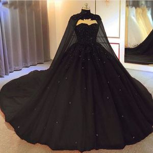 Luxury Crystals Black Ball Gown Wedding Dresses With Cape Sweetheart Watteau Train Retro Vintage Gothic Wedding Dress Bridal Gowns New 2022