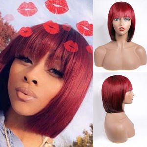 Modern Show B J Burgundy Human Hair Short Bob Wig With Bangs Red Colored Full Machine Wigs inch Brazilian Straight Wig