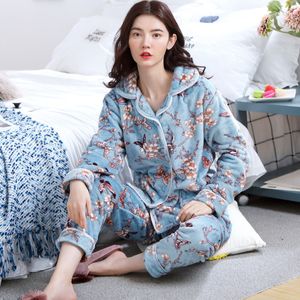 Outono inverno morno flanela mulheres pijamas conjuntos grosso coral veludo manga longa desenhos animados sleepwear flannel pijama conjunto para menina 201109