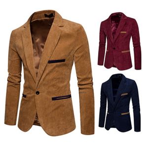 Mens Long Sleeve Corduroy Blazer Fashion Trend V Neck Single Button Solid Color Mens Suits Jacket Designer Spring Male Splicing Casual Suits