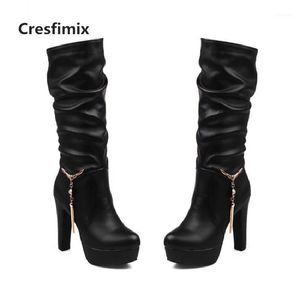 Boots Cresfimix Bottes Femme Lady Coole Comense Black Pu Leather High Heel Fashion Sweet Brown Botas C30701