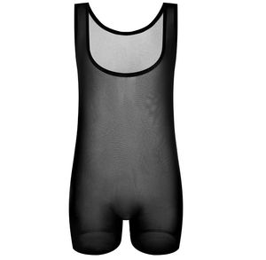 Men Perspective Lingerie Mesh Bodysuit Sheer Tee Tank-Top Vest Body Shapers Black Beige M/L/XL