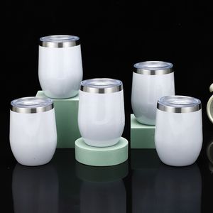 12oz Egg Shape White Wine Glass Tumblers Food Grade Stainless Steel Beer Insulation U Car Cups with Seal Plastic Lid